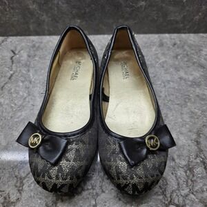 Michael Kors Tori Amber Kids Ballet Flats Black Gold Monogram Bow Shoes Size 13